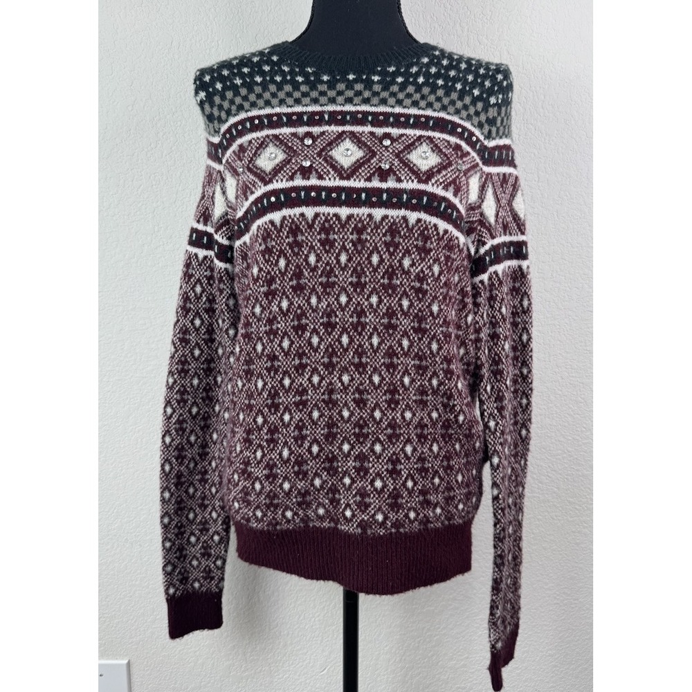 Abercrombie & Fitch Fair Isle Sweater Women's S Maroon Winter Nordic Embellished